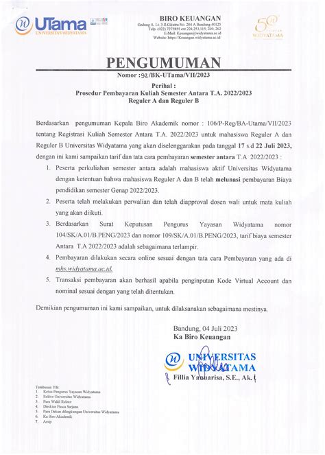 Pengumuman Prosedur Pembayaran Kuliah Semester Antara Ta