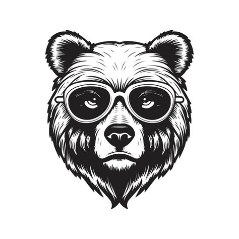 cool bear, vintage logo line art concept black and white color, hand ...