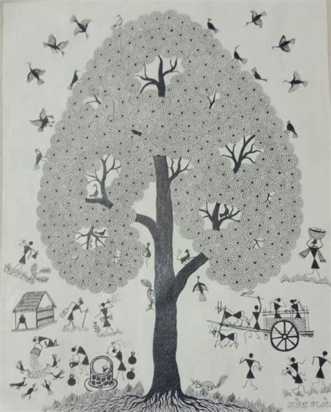 Tree Of Life Warli Painting 20 X 28 International Indian Folk