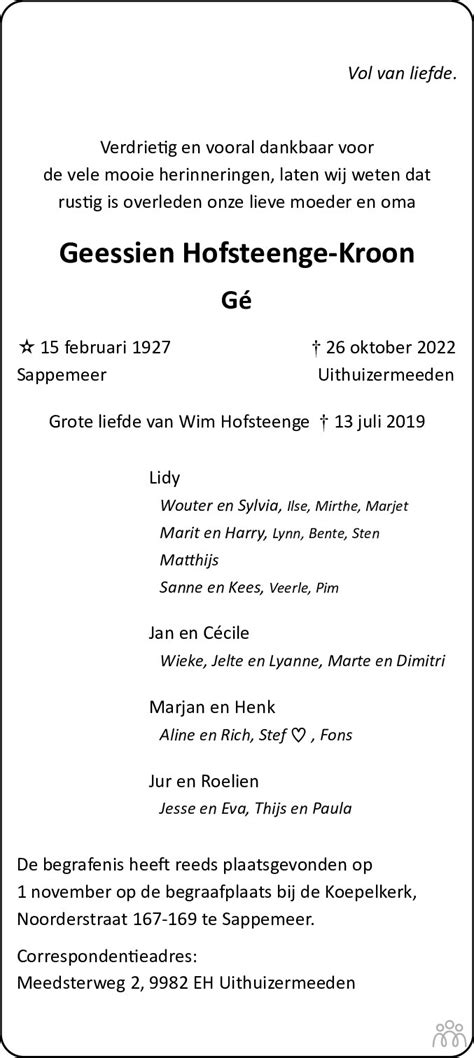 Geessien Gé Hofsteenge Kroon 26 10 2022 overlijdensbericht en