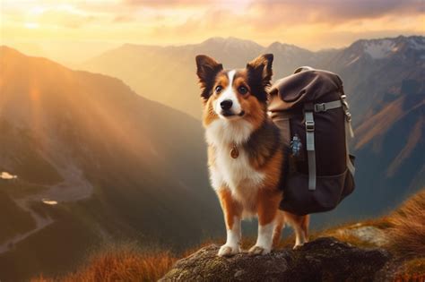 Un Perro Con Una Mochila Se Para Sobre Una Roca Frente A Una Puesta De