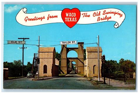 1960 Greetings From Waco Texas Old Swinging Bridge Elm Taylor Street Tx