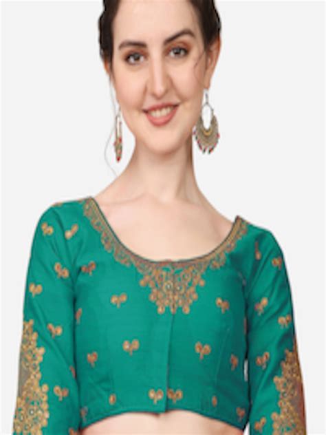 Buy Sumaira Tex Teal Green Embroidered Readymade Silk Saree Blouse