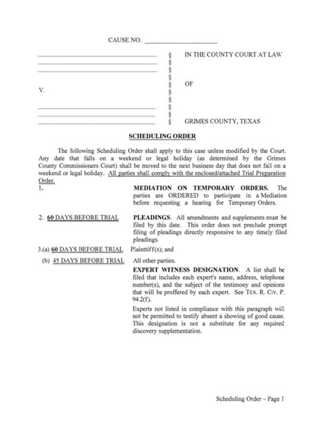 County Of Grimes Texas Scheduling Order Civil Fill Out Sign