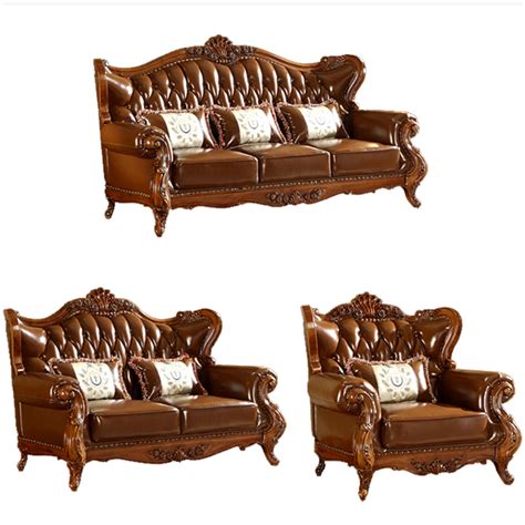 Wood Carved Living Room Leather Sofa From Foshan Furniture Factory