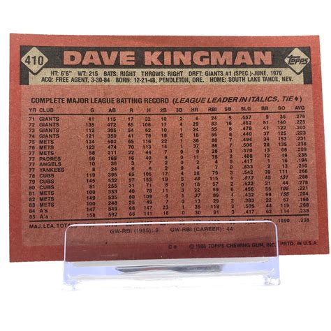 1986 Topps 410 Dave Kingman Oakland Athletics Ebay