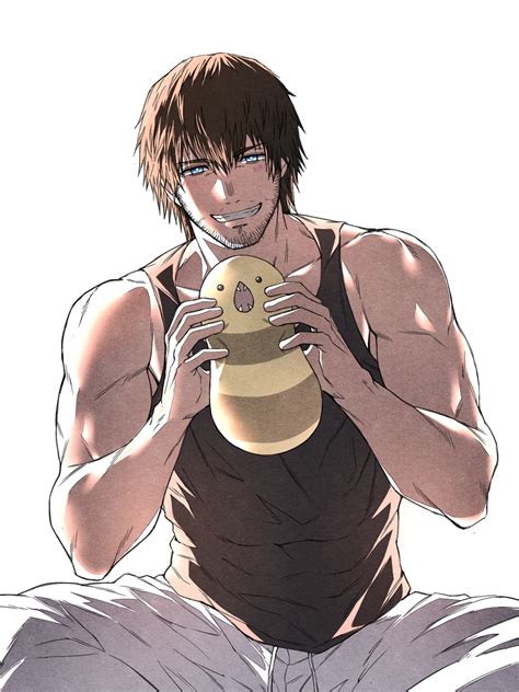 Safebooru 1boy Bangs Bara Beard Black Tank Top Blue Eyes Brown Hair Chest Facial Hair Final