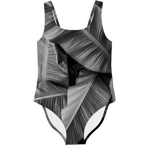 Black And White Banana Leaf Print One Piece Swimsuit Gearfrost