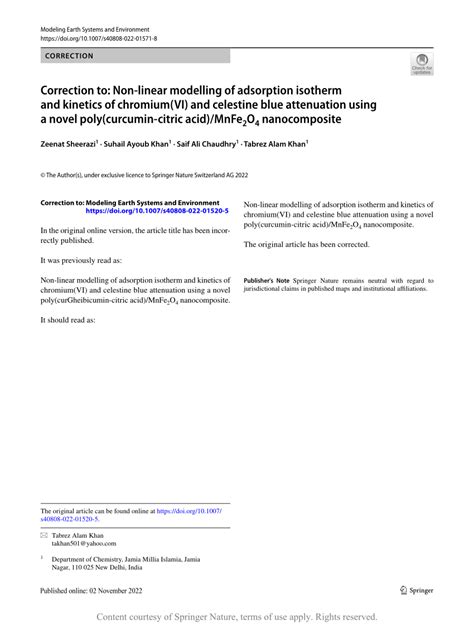 Correction To Non Linear Modelling Of Adsorption Isotherm And Kinetics