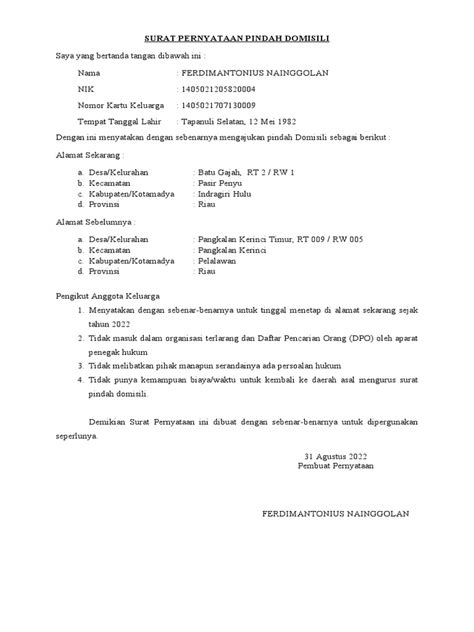 Surat Pernyataan Pindah Domisili Pdf