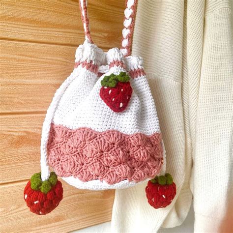 Pink Strawberry Crochet Bag Cute Crochet Purse Minimalist Shoulder