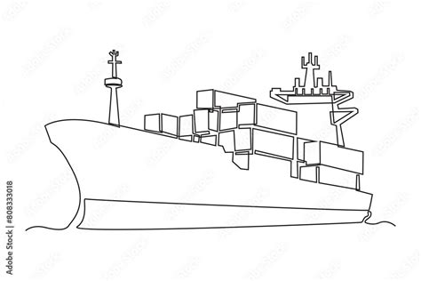 Simple continuous line draw of Front view of cargo ship carrying goods ...