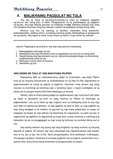 Modyul 2 Ii Malikhaing Pagsulat Ng Tula Ang Tula Ay Isang Uri Ng Sining At Panitikan Na