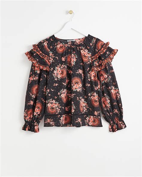 Floral Print Border Frill Shoulder Black Cotton Blouse Oliver Bonas