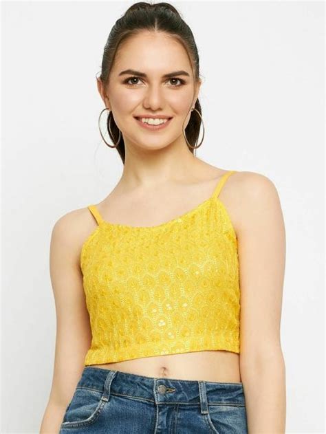 Buy Brinns Yellow Embellished Shoulder Straps Crop Top Online At Best