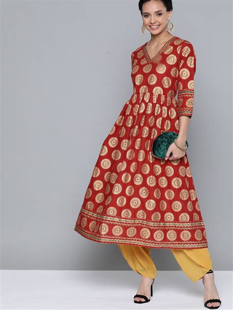 Buy Hereandnow Women Red And Golden Ethnic Motifs Print Cotton Anarkali