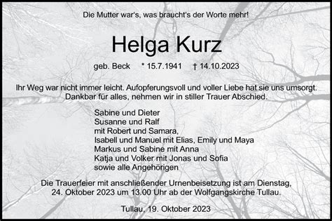 Traueranzeigen von Helga Kurz Südwest Presse Trauer