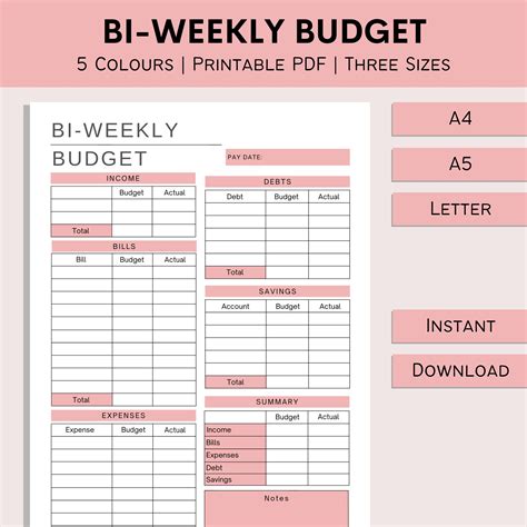 Bi Weekly Budget Planner Paycheck Budget Printable Money Overview Template Budget Planner