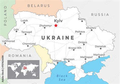 Ukraine Political Map With Capital Kyiv Most Important Cities And