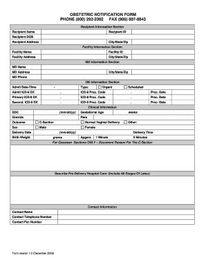 Fillable Online Obstetric Notification Form Kymmis Fax Email