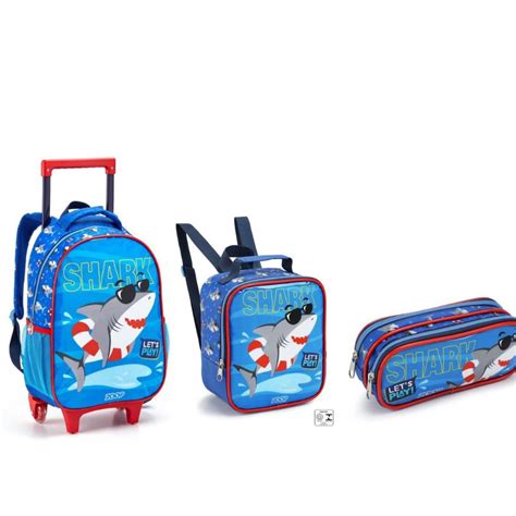 Kit Mochila de Roda Infantil Escolar lancheira Estojo Tubarão Moda