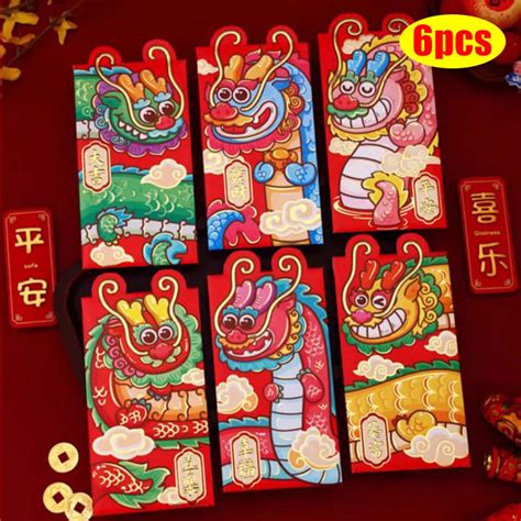 Yespery 6pcs Set New Year Red Packet 2024 Cute Cartoon Dragon Pattern