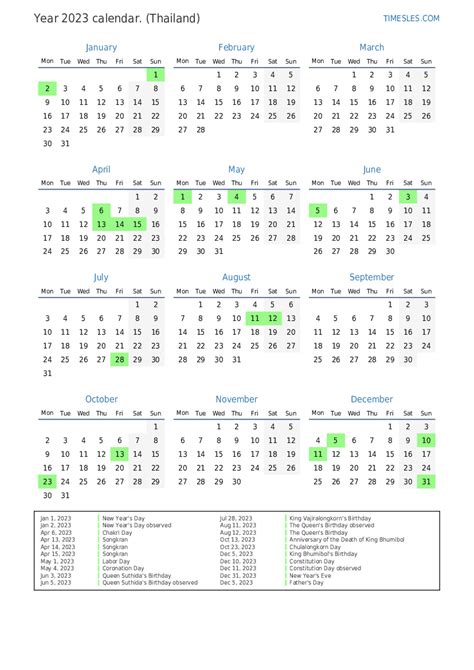 Calendar For 2023 With Holidays In Thailand Print And Download Calendar