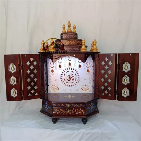 Teak Wood Temple Dark Brown Ambossed Mandir With Led Focus Light