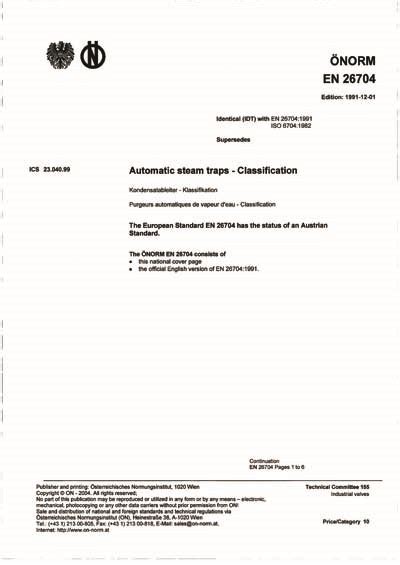 ONORM EN 26704 1991 Automatic Steam Traps Classification Austrian