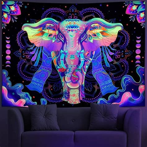 Amonercvita Blacklight Elephant Tapestry Mandala Tapestry Hippie UV