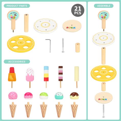 Soka Wooden 21 Pieces Ice Cream Stand Popsicle Collection Pretend Role