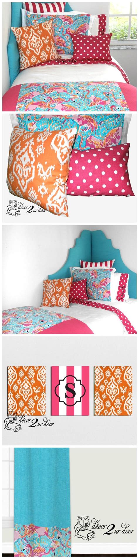 Lilly Flamingo Blue Pink And Orange Dorm And Teen Designer Bedding Set