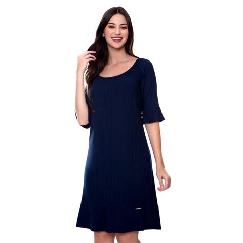 Vestido Soltinho De Malha Canelada Azul Noite Hapuk