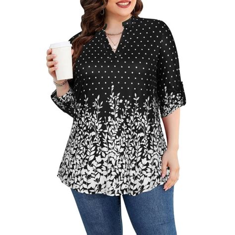 Womens Plus Size 3 4 Sleeve Floral Blouses Shirts Notch V Neck Tunics