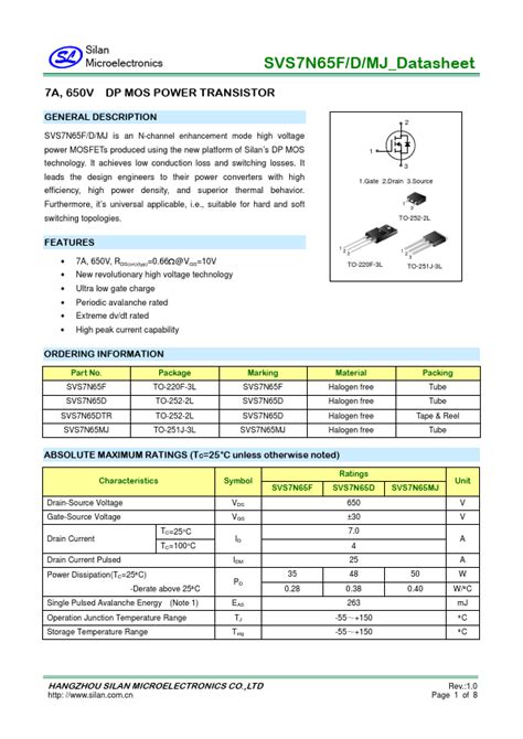 Svs7n65f Silan Microelectronics Transistor Hoja De Datos Ficha