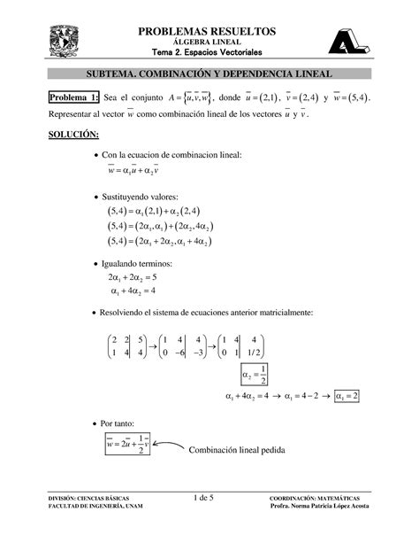 Combinacion Lineal Combinación ÁLGEBRA LINEAL Tema 2 Espacios