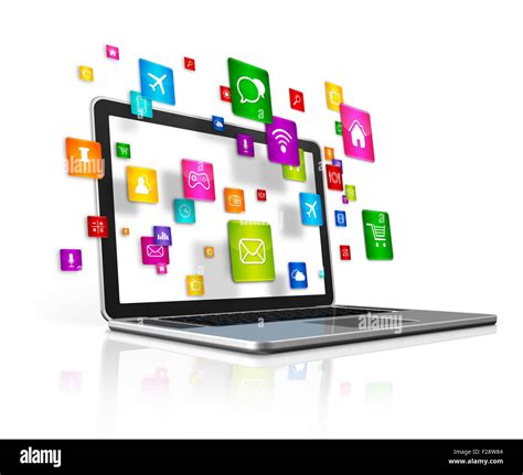 3d Flying Apps Icons And Laptop Computer Isolated On A White Background