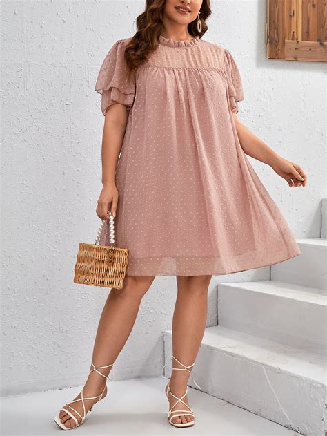 Shein Vcay Plus Swiss Dot Frill Neck Butterfly Sleeve Chiffon Dress