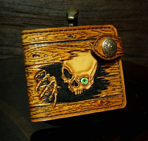 Hand Tooled Leather Wallet Wood Like Design With A Skull Etsy