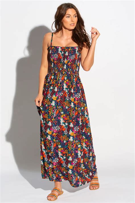 Removable Straps Shirred Bodice Maxi Dress Navy Floral Pour Moi