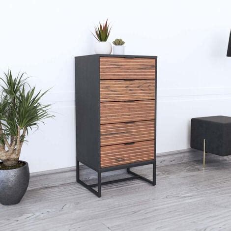 CAMILA Commode industrielle 5 tiroirs en bois noyer et métal noir