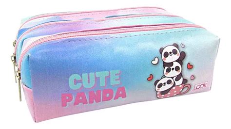 Estojo Escolar Feminino 3 Divisórias Triplo Look Cute Panda Cor Rosa