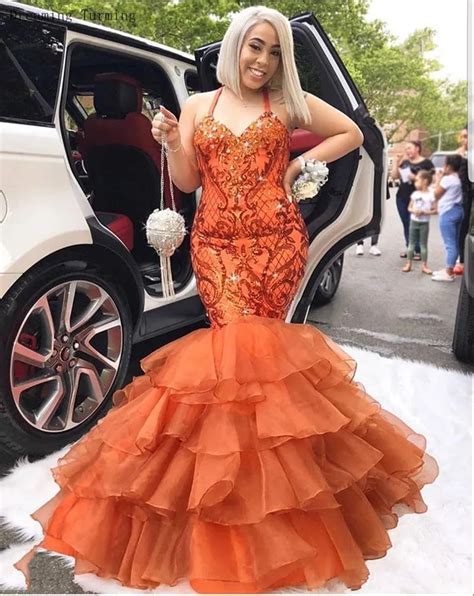 Orange Plus Size Mermaid Prom Dresses With Beaded Crystals Tiered Halter Lace Appliques Formal