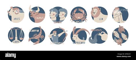 Set Of Illustrations With Zodiac Signs Twelve Symbols Of The