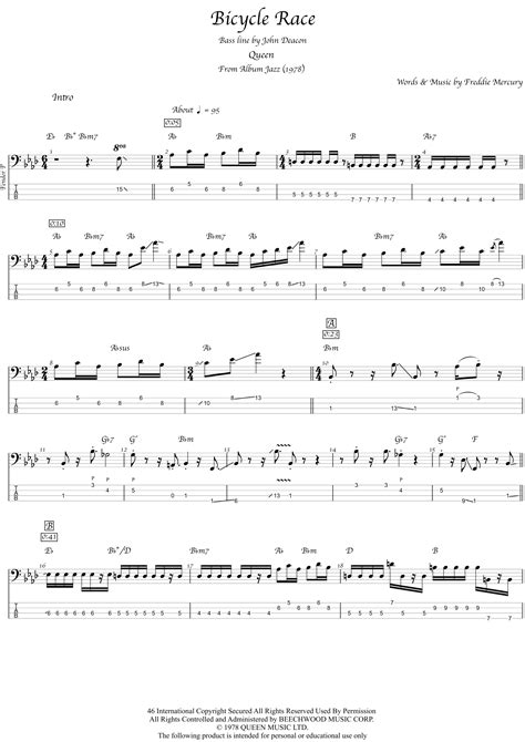 Bicycle Race Sheet Music Queen Bass Guitar Tab