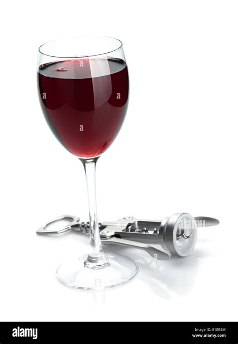 Red Wine Glass And Corkscrew Isolated On White Background Stock Photo