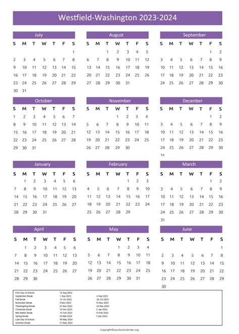 Westfield Washington Schools Calendar with Holidays 2023-2024