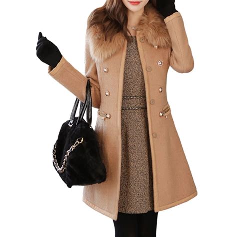 Best S5q Womens Wool Blends Overcoat Fur Colar Coat Slim Fit Trench Double Breasted Winter Long