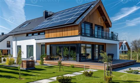 AI generated Modern house with solar panels installed on the roof