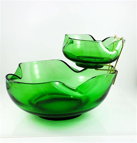 Anchor Hocking Mid Century Bright Emerald Green Glass Chip And Dip Set